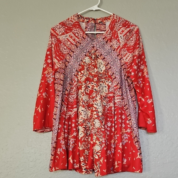 Free People Vibrant Red and Blue Peak A Boo Back Mini Dress - Picture 1 of 6
